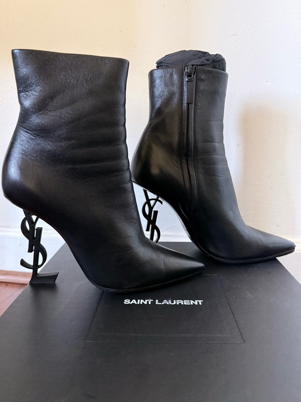 Saint Laurent Opyum 110 YSL Logo Heel Boots Black Leather 37.5